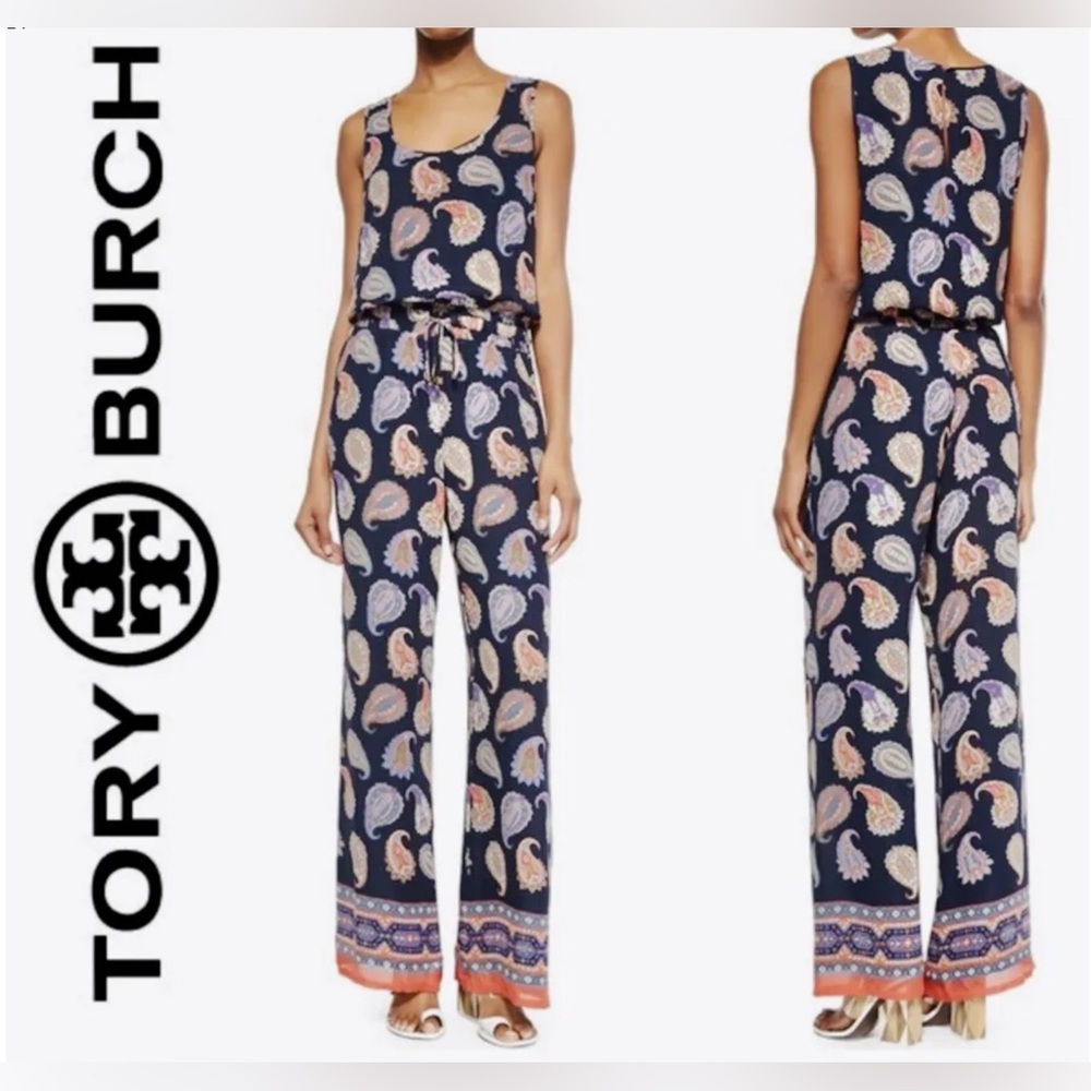 Tory Burch Sleeveless Paisley Silk Jumpsuit Size Small Lightweight Wide Leg